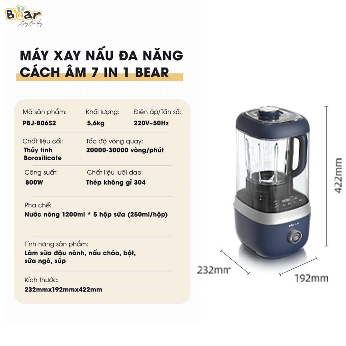 Máy xay nấu sữa hạt 9 chức năng Bear PBJ-B06S2