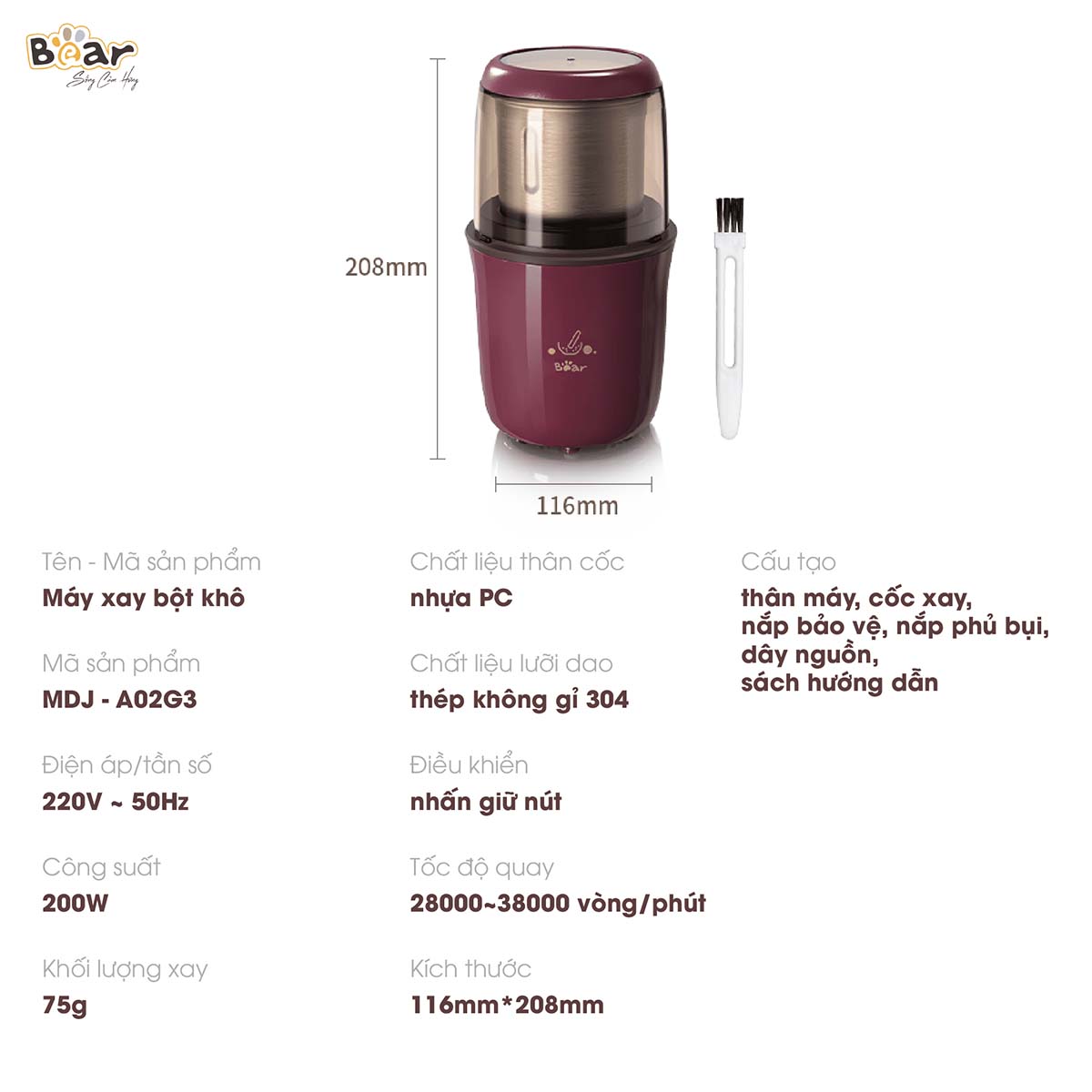 Máy xay bột khô Bear MDJ-A02G3